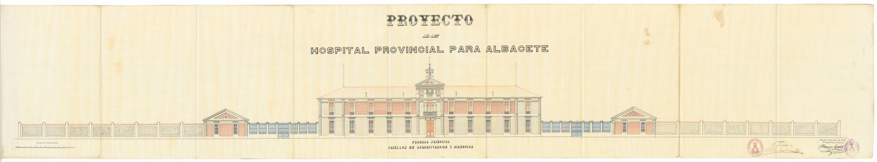 Proyecto de Hospital Provincial para Albacete. 1907. Fachada principal del pabellón de administración y servicios
