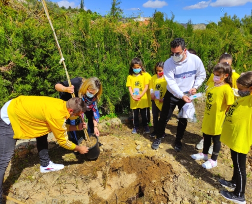 La vicepresidenta provincial, Amparo Torres, junto al alcalde de Férez, Francisco Javier Jaime, durante la plantación de un nogal, ante la atent ...