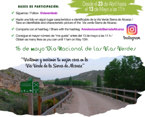 Cartel informativo del Concurso fotográfico, Mi foto en la Vía Verde Sierra de Alcaraz, con una imagen de este recorrido y la información relat ...