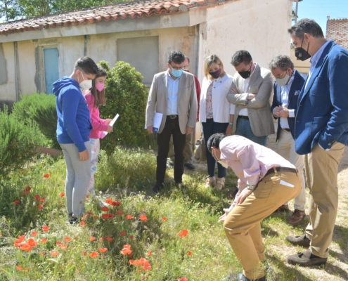 El coordinador de la A21E-H2030 en el CEIP Nuestra Señora de Gracia (Mahora) explica los detalles del huerto que el alumnado ha realizado en el m ...