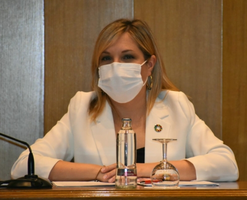 El vicepresidenta, Amparo Torres, durante la rueda de prensa para presentar la convocatoria de ayudas Agenda 2030 Municipal