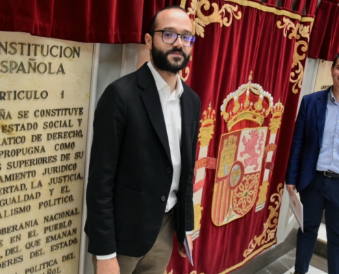 El presidente y el vicepresidente de la Diputación posan en la escalera del Palacio Provincial junto al Artículo 1 de la Constitución Española