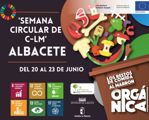 Cartel de la Semana Circular de CLM en Albacete, con el dibujo de un contenedor marrón y materia orgánica, como restos de fruta, verdura, carne  ...