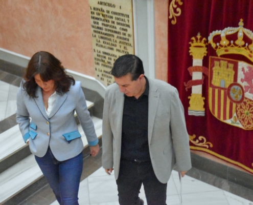 El presidente de la Diputación y la consejera de Igualdad bajan las escaleras centrales del Palacio Provincial antes de firmar el convenio para i ...