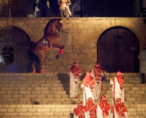 Escalinata del Castillo de Almansa en un instante de la Embajada Mora Nocturna 2024