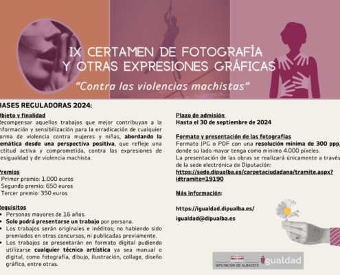 Abierto el plazo, hasta el 30 de septiembre, para participar en el IX certamen de fotografía ‘Contra las Violencias Machistas’ que impulsa la ...